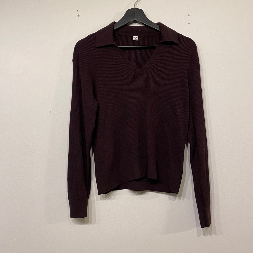 Uniqlo Loungewear Washable Knit Ribbed Polo Sweater Brown XS Long Sleeve V-Neck